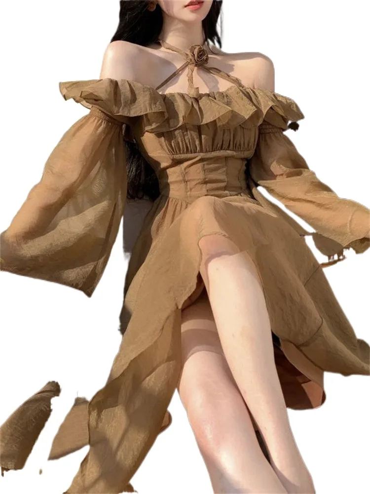 Женское платье Fairycore 2023, Модное винтажное платье с рюшами, вырезом лодочкой и открытой спиной, Элегантное женское платье с длинными рукавами