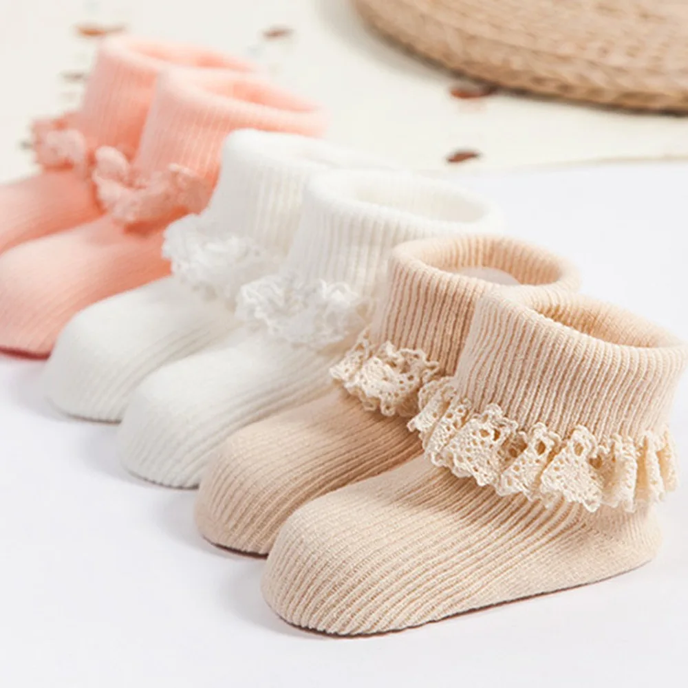 Носки для новорожденных от 0 до 4 лет, кружевные носки с цветочным узором, однотонные хлопковые носки Принцессы для девочек, детские нескользящие мягкие носки
