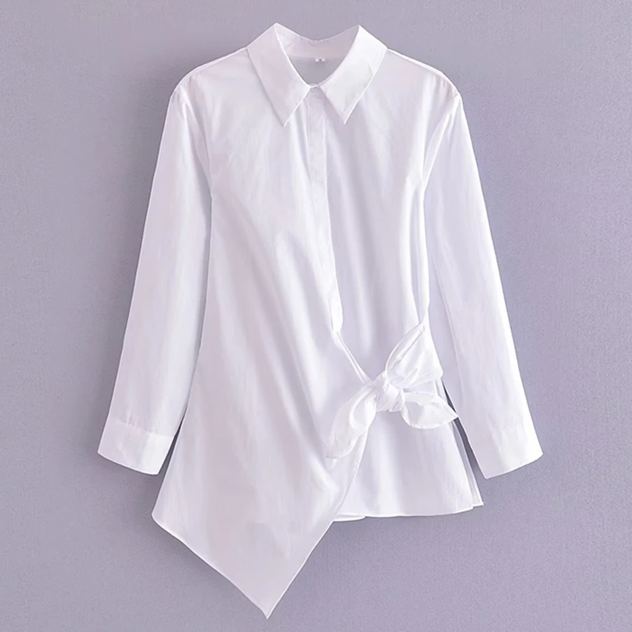 Увядшая Летняя Белая рубашка 2023 с Асимметричным Бантом, Повседневные Топы, Модная Женская Блузка, Женская