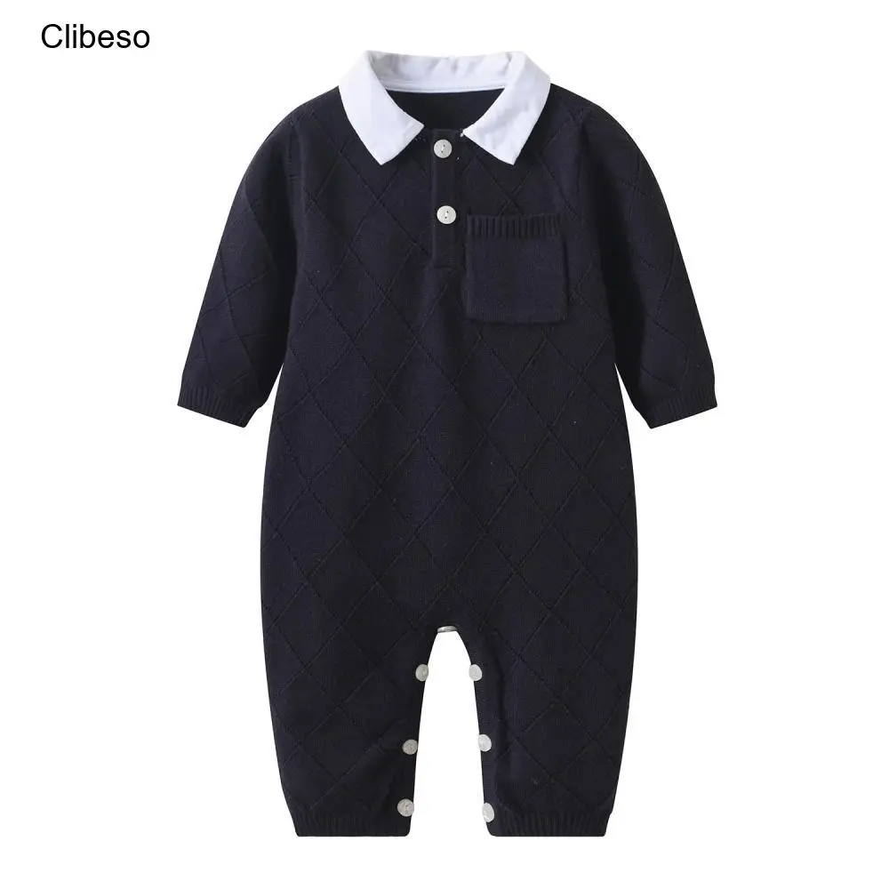 2023 Clibeso/ Вязаный Комбинезон для маленьких мальчиков на Осень, Поло для Новорожденных, Ромбовидные Трикотажные Боди, Детская Повседневная Одежда Для Игр, Детский Трикотаж