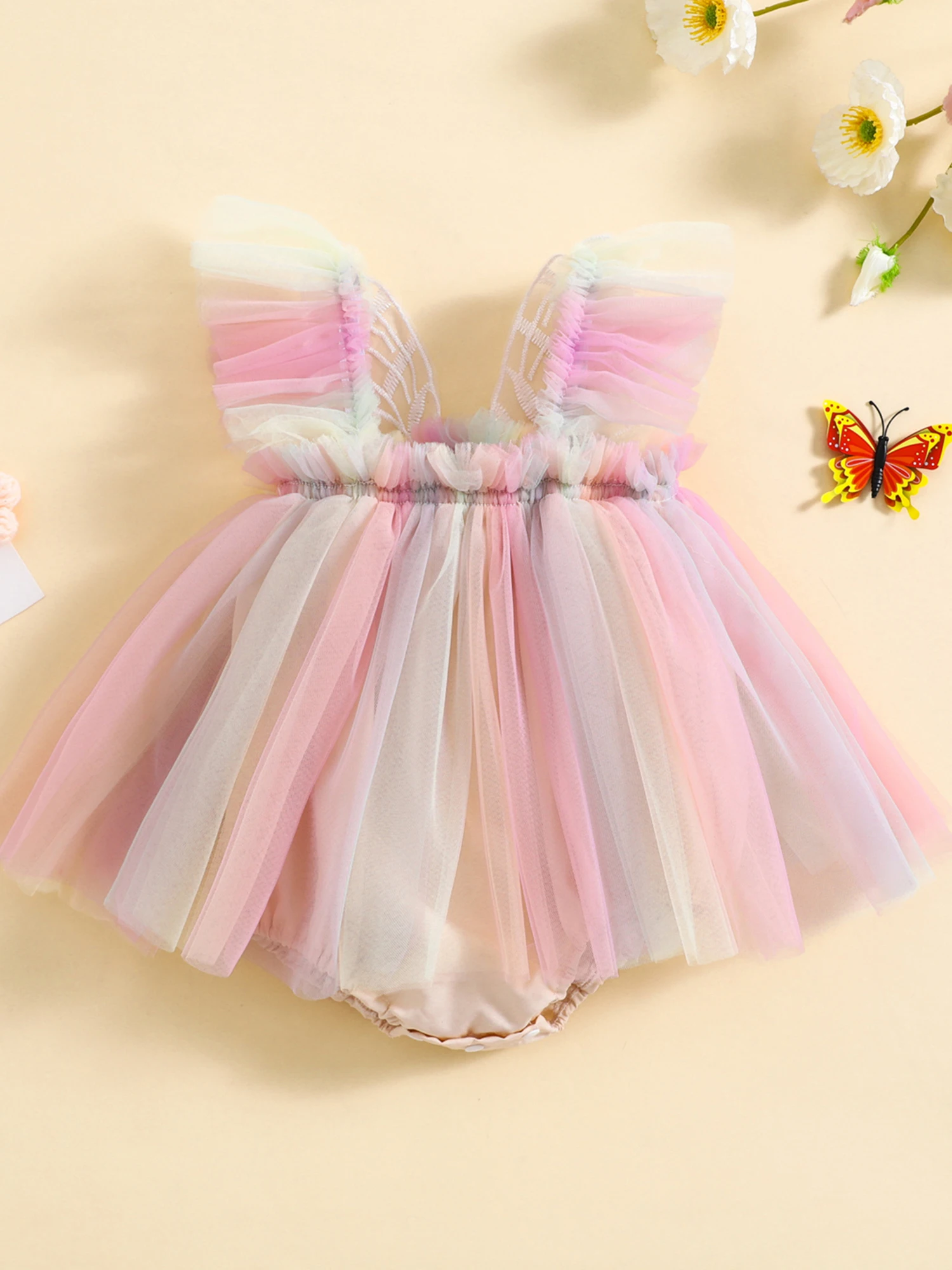 Комбинезон для маленьких девочек, платье с вышитыми крыльями бабочки, юбка из радужного тюля и рукава-мушки, очаровательные комбинезоны для маленьких