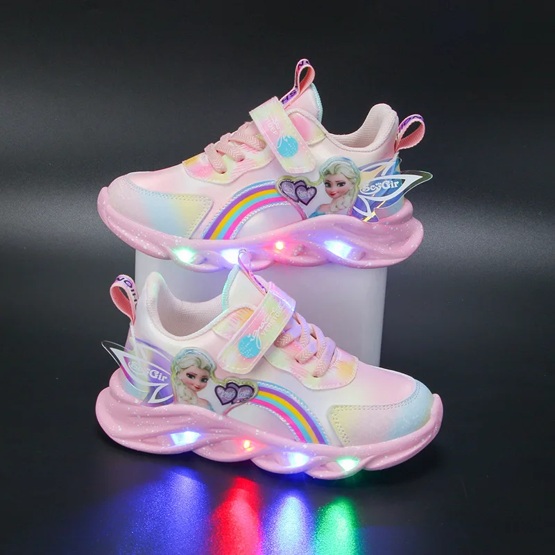 Повседневные кроссовки Disney со светодиодной подсветкой для весенних девочек, замороженная принцесса Эльза, Радужная уличная детская нескользящая розово-фиолетовая обувь