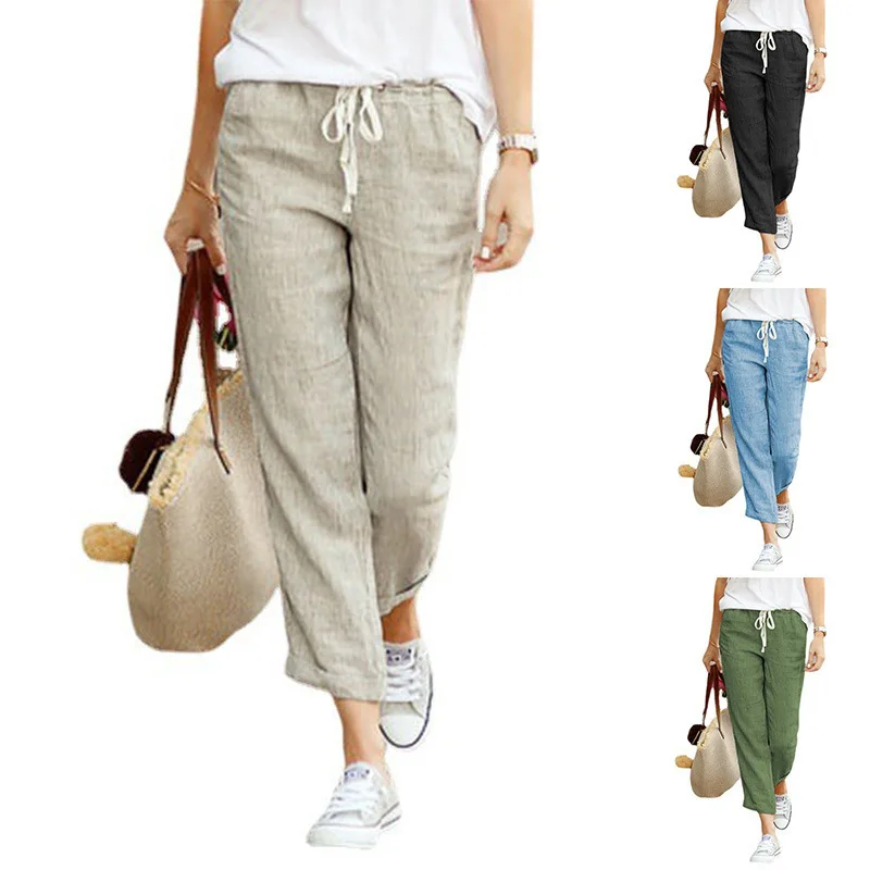 летние женские свободные повседневные брюки с эластичной резинкой на талии, хлопковые льняные брюки, однотонные брюки с карманами, стрейчевые прямые брюки на шнурке для отдыха