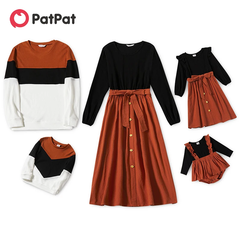 PatPat/ одинаковые комплекты для семьи, одежда для пар, хлопковые женские платья миди с длинными рукавами и для девочек, черные толстовки, комплекты