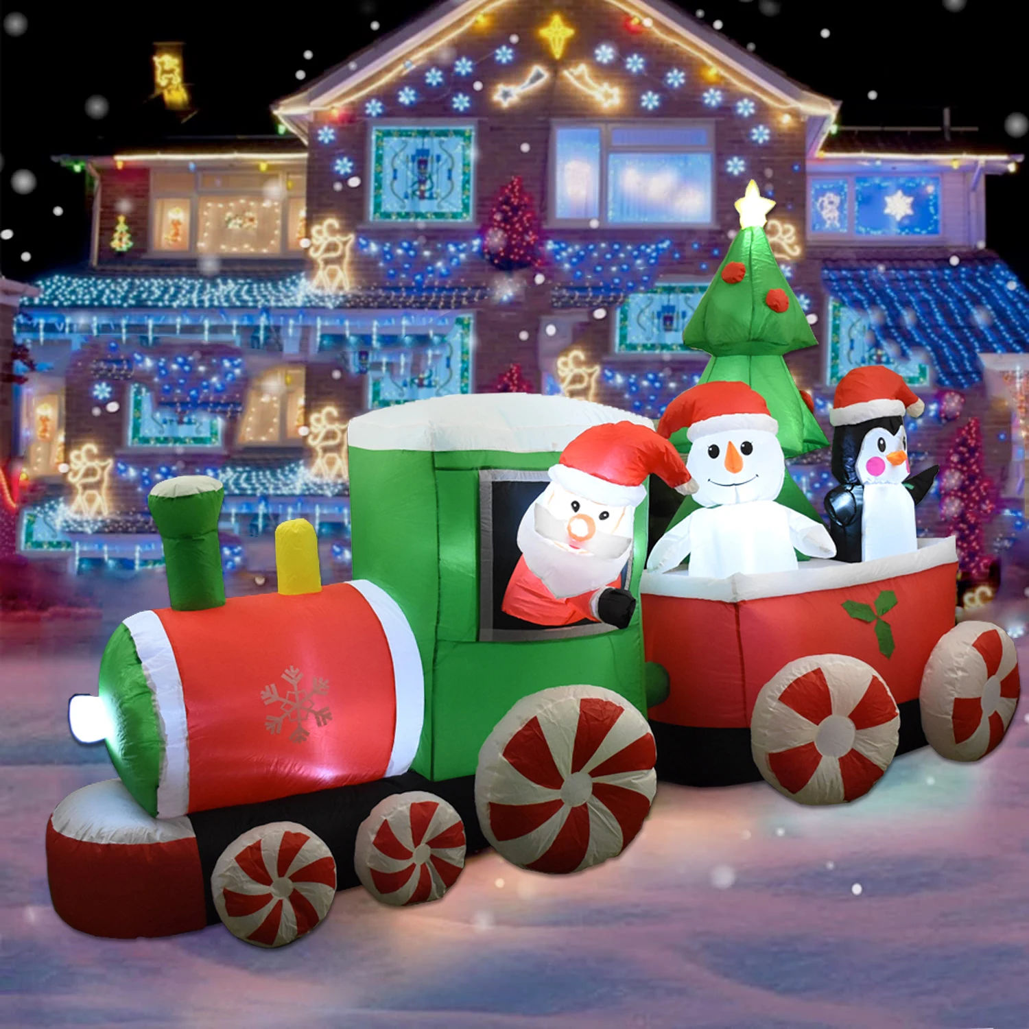 Рождественский Надувной Санта-Клаус, Снеговик, Пингвин в поезде, светодиодные фонари, надувная игрушка, Декор для сада и двора, Украшение для Рождественской вечеринки