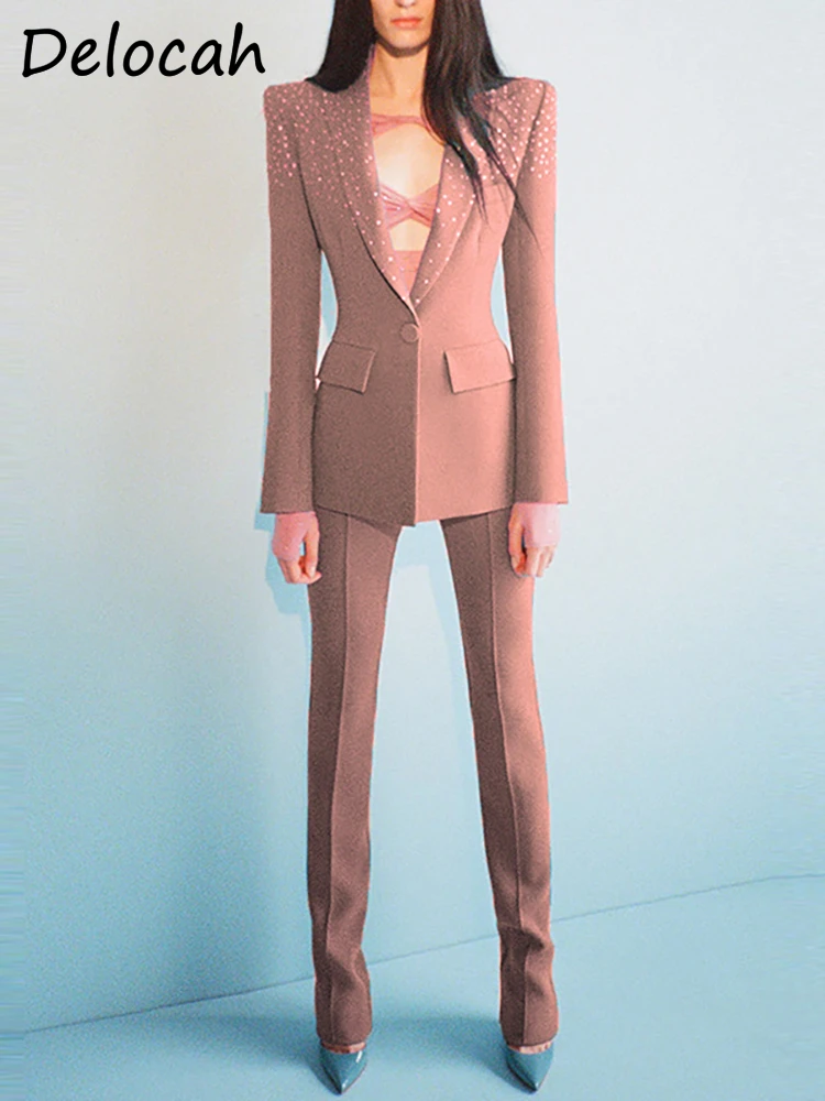 Delocah/ высококачественные весенние женские модные дизайнерские комплекты со штанами, приталенные пальто с длинным рукавом + розовые длинные брюки с высокой талией, костюмы