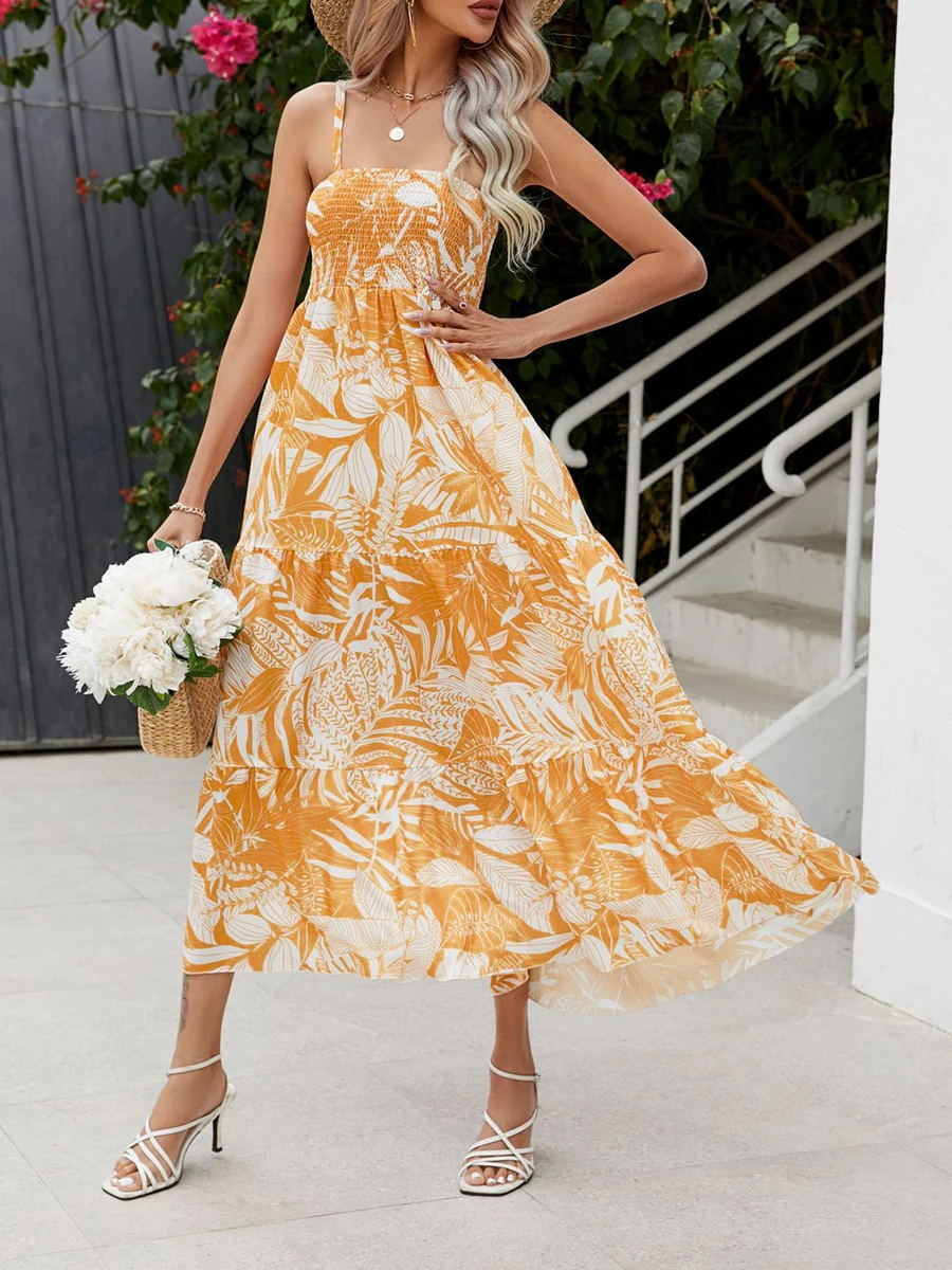 Женское летнее длинное платье Wedcur без рукавов с открытой спиной, платье с цветочным рисунком, модное платье трапециевидной формы на бретельках (желтый XXL)