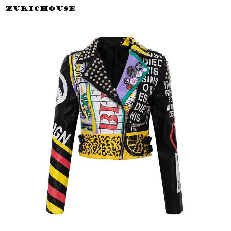Укороченная мотоциклетная куртка с шипами в стиле панк для женщин, тренд 2023, Уличная одежда с принтом граффити, контрастная куртка из искусственной кожи, S-XXXL