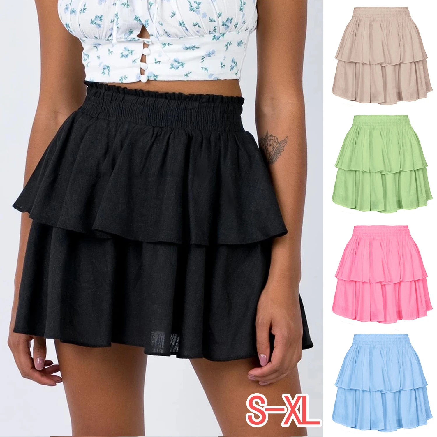 Элегантная повседневная мини-юбка 2022, летняя новинка, хлопковая юбка для торта с двойным подолом, однотонная юбка с оборками и эластичным поясом