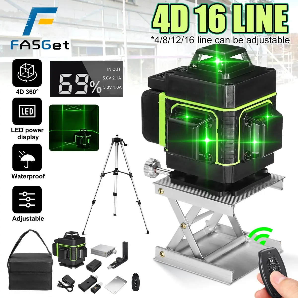 FASGet 4D 16 линий, зеленые лазерные уровни, 360 горизонтальных и вертикальных перекрестных линий с автоматическим самовыравниванием, супер мощный лазерный луч