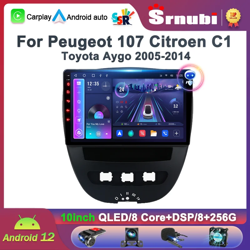 Srnubi 2 Din Android 12 Автомобильный Радиоприемник Для Peugeot 107 Toyota Aygo Citroen C1 2005-2014 Мультимедийный Плеер Carplay Автоматическое Головное Устройство