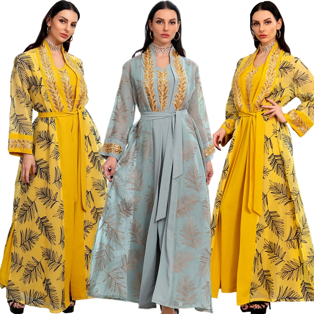 Роскошный мусульманский комплект, вечернее платье для женщин, арабская одежда в стиле Рамадан, Исламское кимоно, Открытая Абайя, Марокканский кафтан, халат