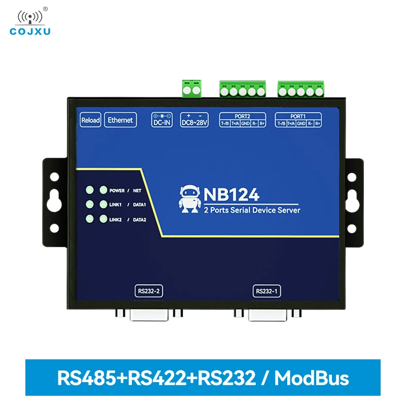 2-Канальный Последовательный сервер RS232/422/485 RJ45 Modbus Gateway COJXU NB124ES POE, Принимающий питание TCP/UDP/MQTT постоянного тока 8-28 В