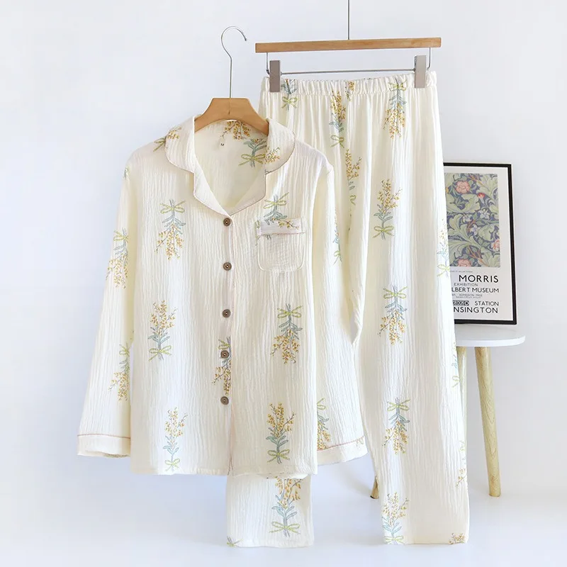 Удобный пижамный комплект из 100% хлопка и марли, Женская пижама с цветочным принтом, осенне-весенняя пижама с длинным рукавом, домашняя одежда