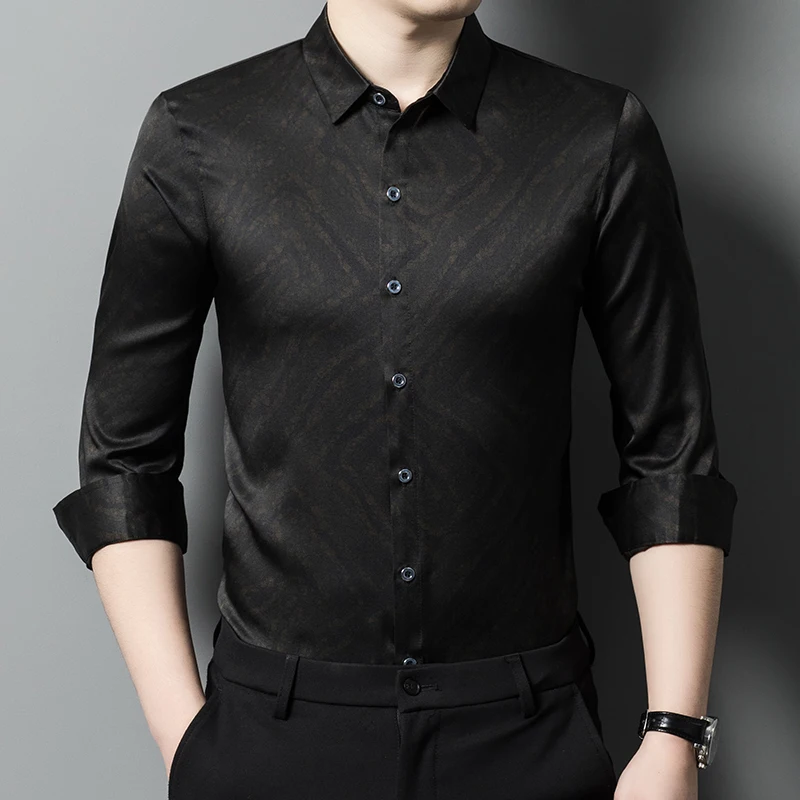 Темная деловая повседневная шелковая мужская рубашка высокого класса с принтом, весенняя модная качественная гладкая удобная шелковистая Camisa Masculina