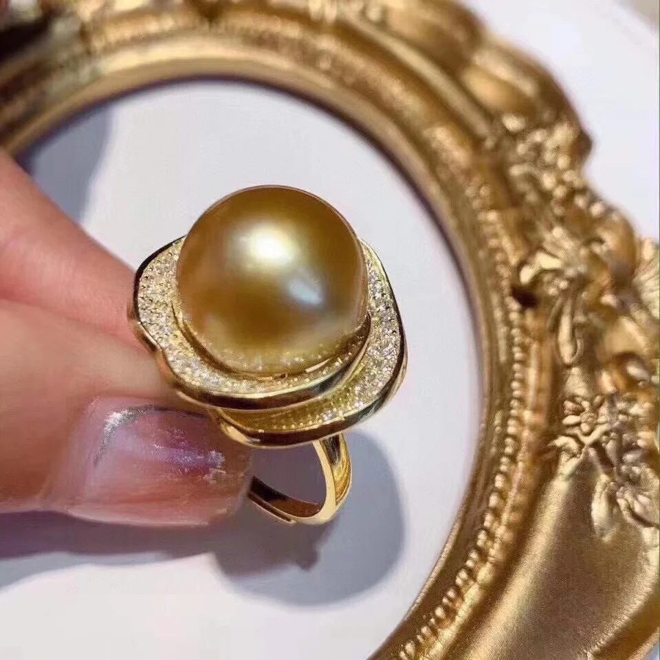 Винтажный S925 CZ Pave Оправа в форме цветка 12-13 мм, кольца с жемчугом из натурального золота морской воды, обручальные кольца для женщин, подарок на годовщину