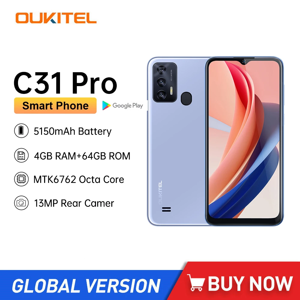 OUKITEL C31 Pro 4 ГБ оперативной памяти 64 ГБ ПЗУ Смартфоны 13-Мегапиксельная Камера Мобильный телефон Батарея 5150 мАч 6,517 Дюймовый HD-дисплей Android 12 Мобильный телефон