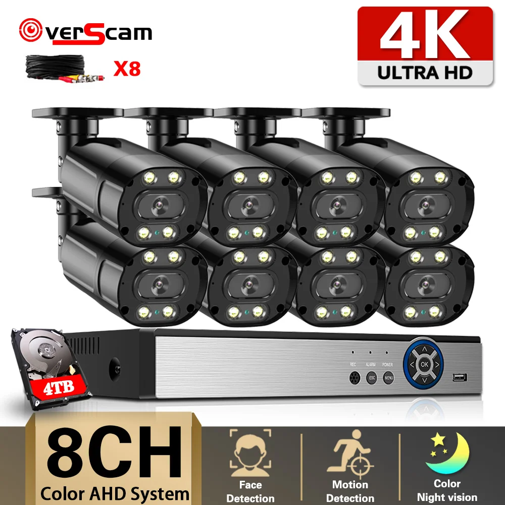 8-Канальный комплект видеонаблюдения DVR 4K Полноцветная система видеонаблюдения ночного видения AHD, Наружный комплект Водонепроницаемой системы видеонаблюдения