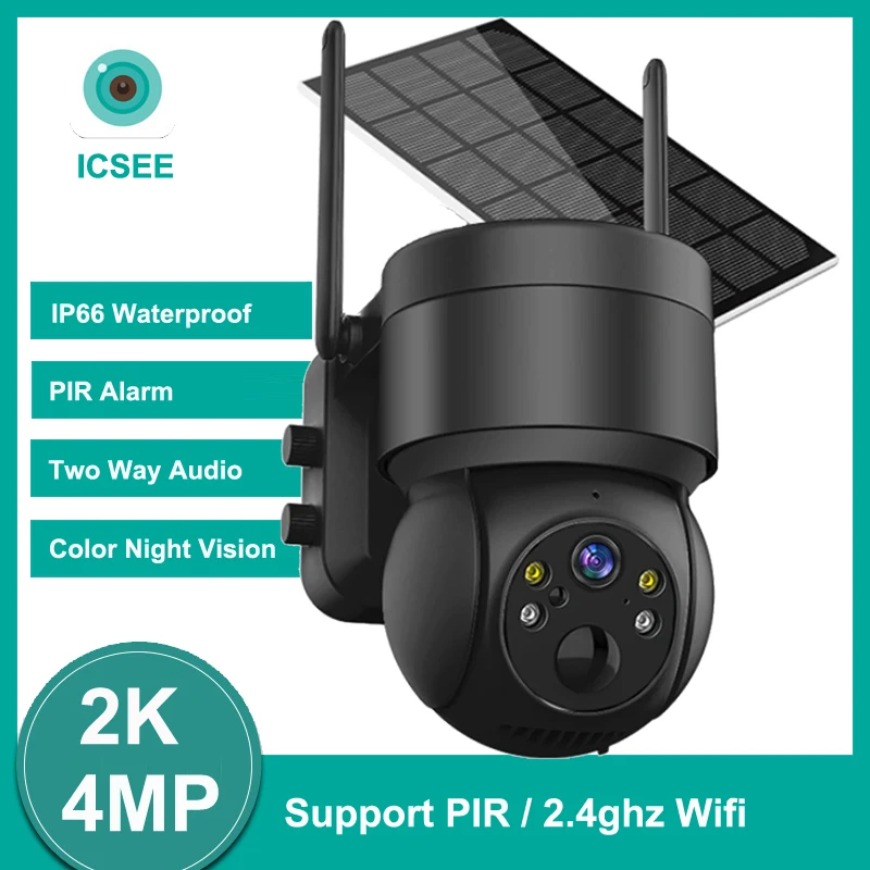ICSEE 4MP Wifi Солнечная PTZ Наружная IP66 Водонепроницаемая Красочная камера ночного видения с двухсторонним звуком PIR, Обнаруживающая Солнечную батарею, IP-камера