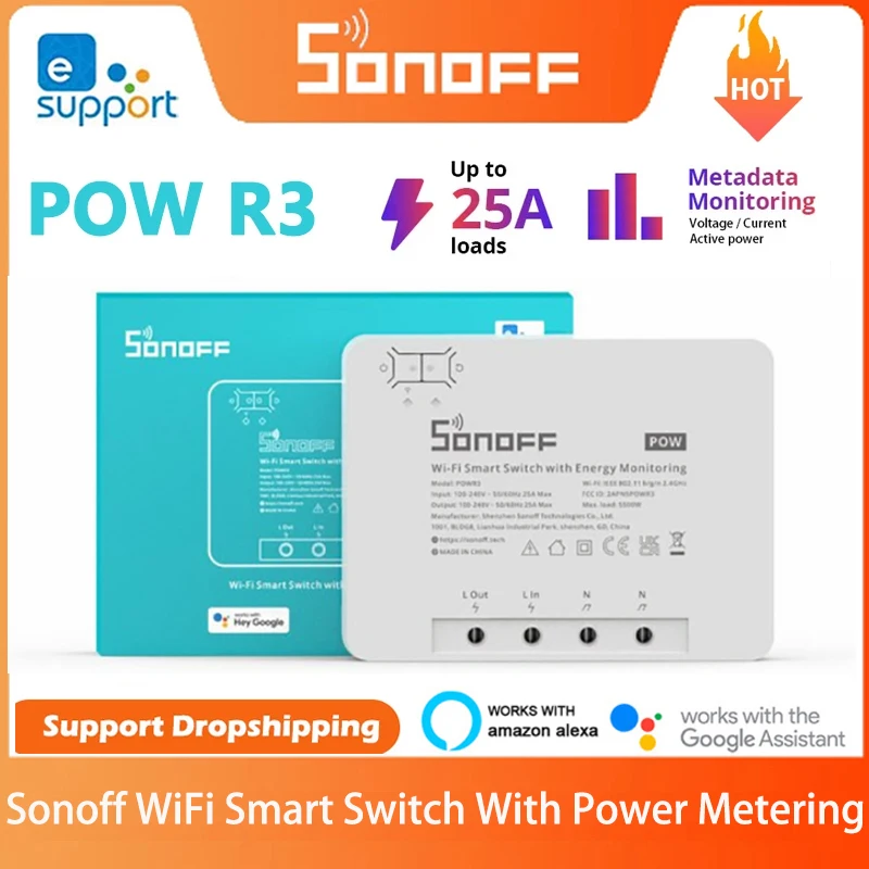 SONOFF POWR3 25A WiFi Smart Switch Измерение мощности Защита от перегрузки Энергосбережение Отслеживание по eWeLink Голосовое управление через Alexa