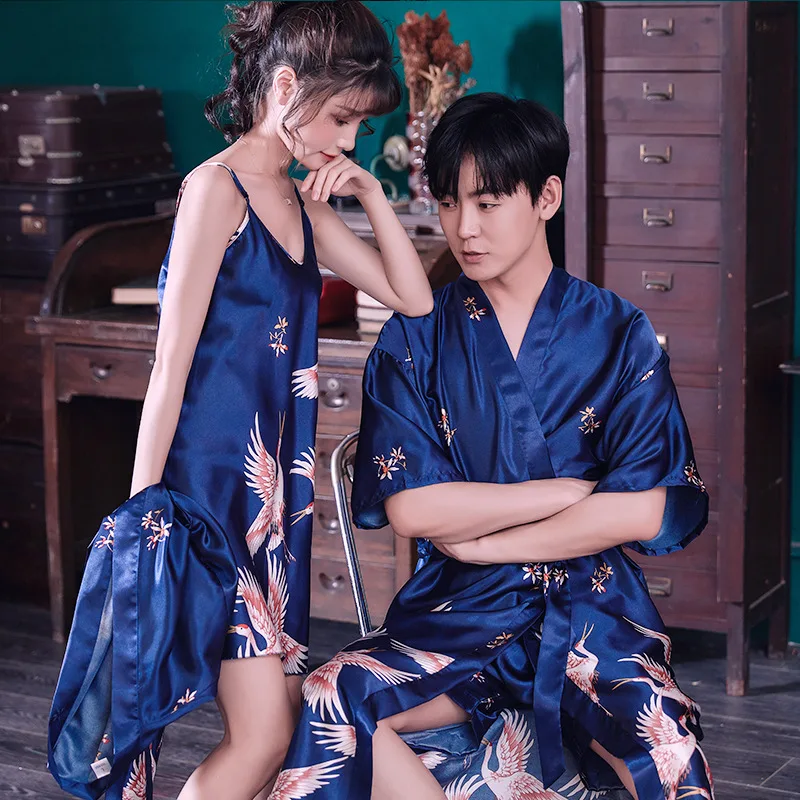 Шелковый халат-Кимоно, комплекты ночных рубашек для влюбленных, для женщин, Для мужчин, Банный халат, Пижамы, Сексуальный короткий халат, ночное белье, пижамы