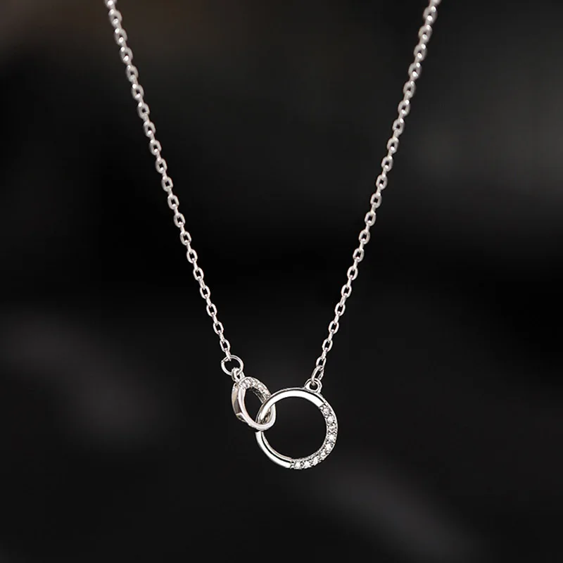 Ожерелье из Стерлингового Серебра 925 Пробы, двойное кольцо, Колье с Цирконом, Простое Геометрическое ожерелье с подвеской, подарок для девочек, изысканные ювелирные изделия