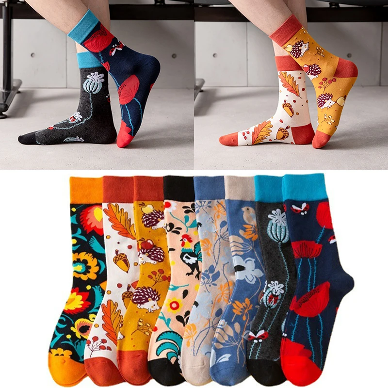 Новые повседневные носки средней длины с рисунком цветов и птиц AB feet, мужские модные носки, носки больших размеров