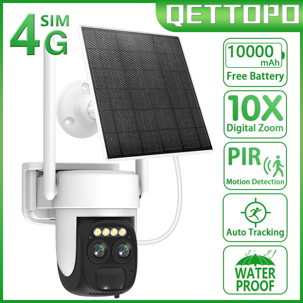 Qettopo 4K 8MP 4G Sim-карта С двумя объективами, Wi-Fi, Солнечная камера, Батарея, PIR, Обнаружение человека, Наружная Камера видеонаблюдения, Камера наблюдения