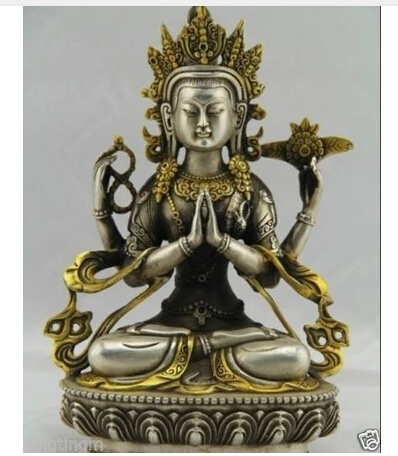 Тибетский буддизм Серебряная Статуя Будды Бодхисаттвы с четырьмя руками Кван Инь бронзовые заводские розетки