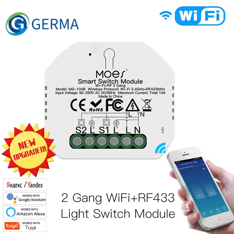 GERMA Wifi + RF433 Умный Выключатель света Diy Breaker Smart Life/Tuya APP Пульт Дистанционного Управления, Работа с Alexa Echo Google Home 2 Банды 2 Способа