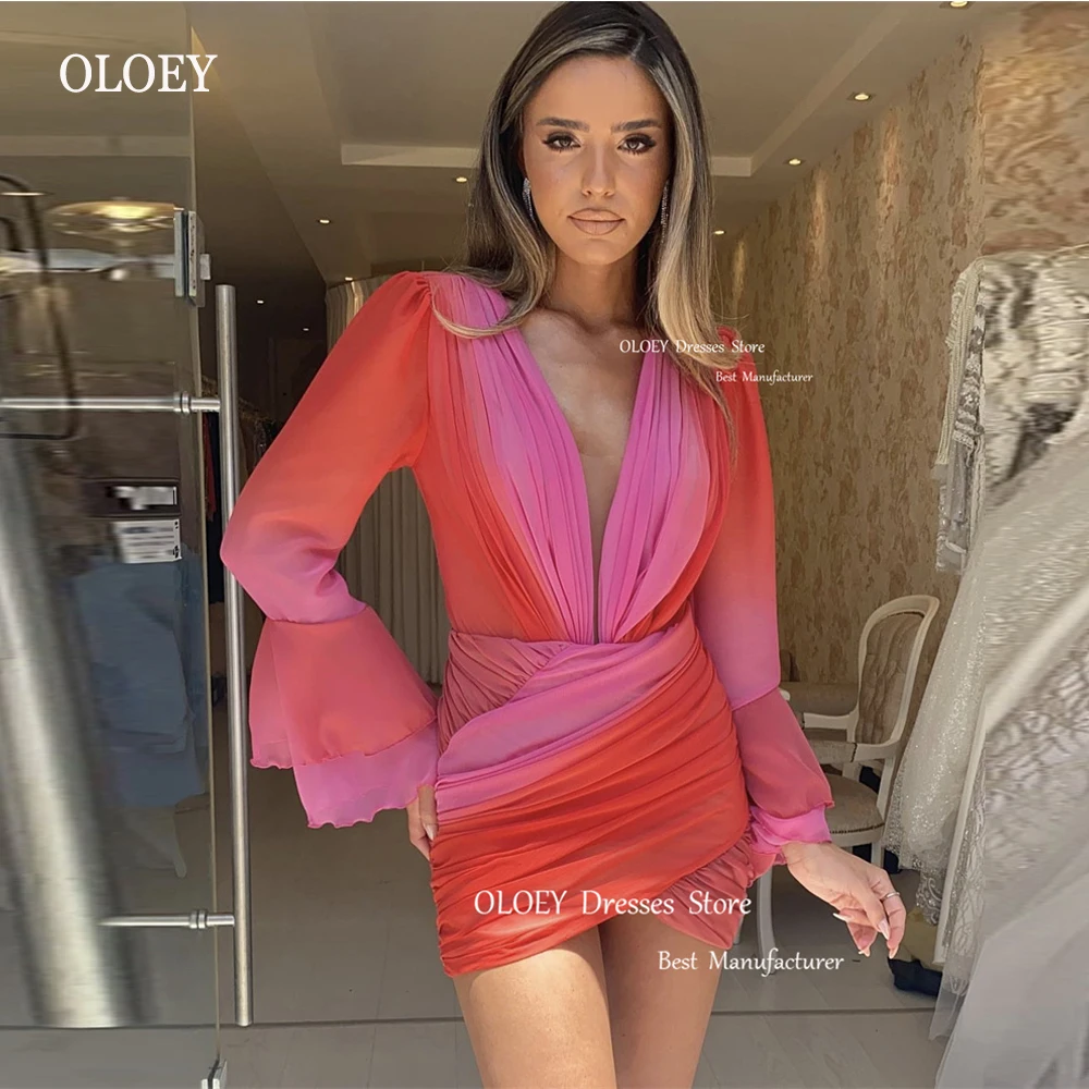 OLOEY арабские короткие коктейльные платья для вечеринок с длинными рукавами и V-образным вырезом, шифоновые красно-розовые мини-женские вечерние платья для вечеринок