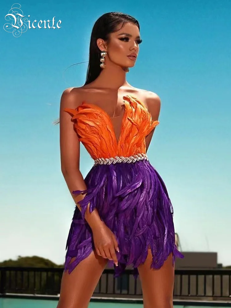 Контрастное платье VC, Оранжево-фиолетовое, с перьями, без рукавов, с талией, с бриллиантами, Топ-труба, короткая юбка