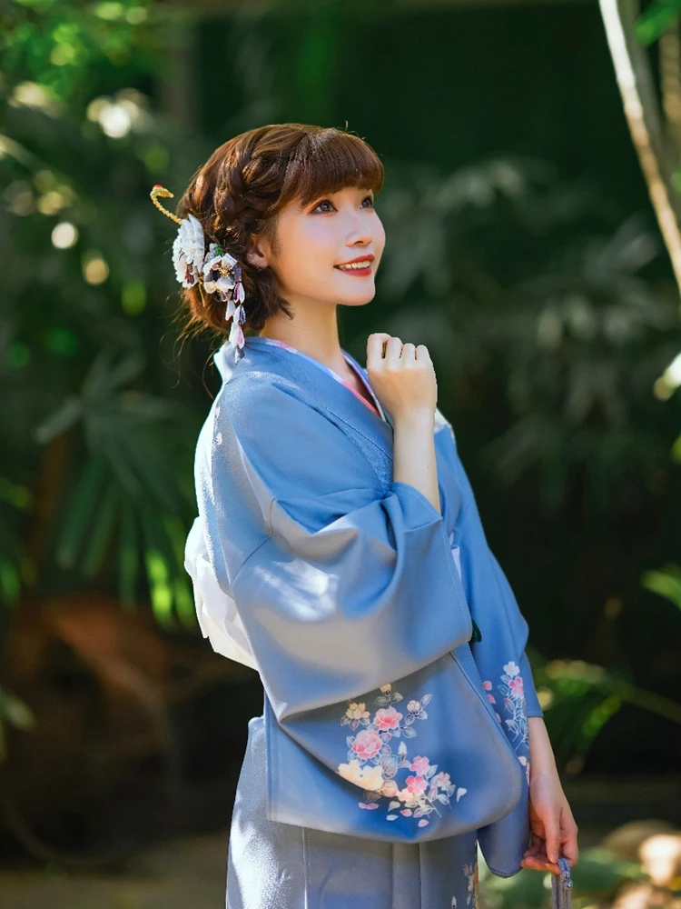 Женское традиционное кимоно в японском стиле ретро синего цвета с цветочным принтом, комплект Юката, одежда для косплея, платье для выступлений на сцене