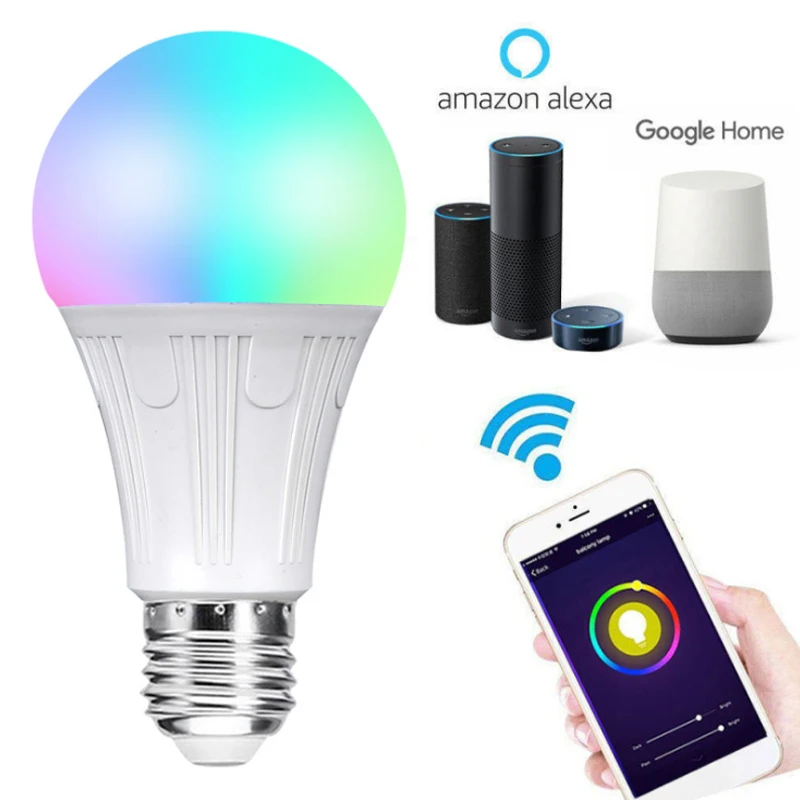 WIFI Умная лампа Alexa Google Home, IFTTT Голосовое управление, Красочное изменение цвета RGB, светодиодная лампа E27, приложение с дистанционным переключением яркости