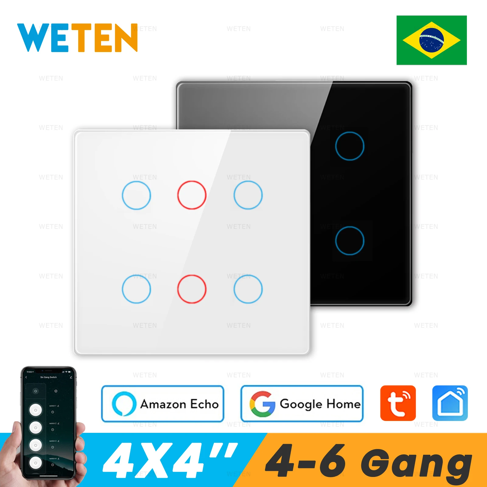 Бразилия 4x4 Tuya Wifi Сенсорный Настенный выключатель света 4 Банды 6 Банд, Прерыватель для Умного дома, Приложение Smart Life Работает с Alexa Google Home