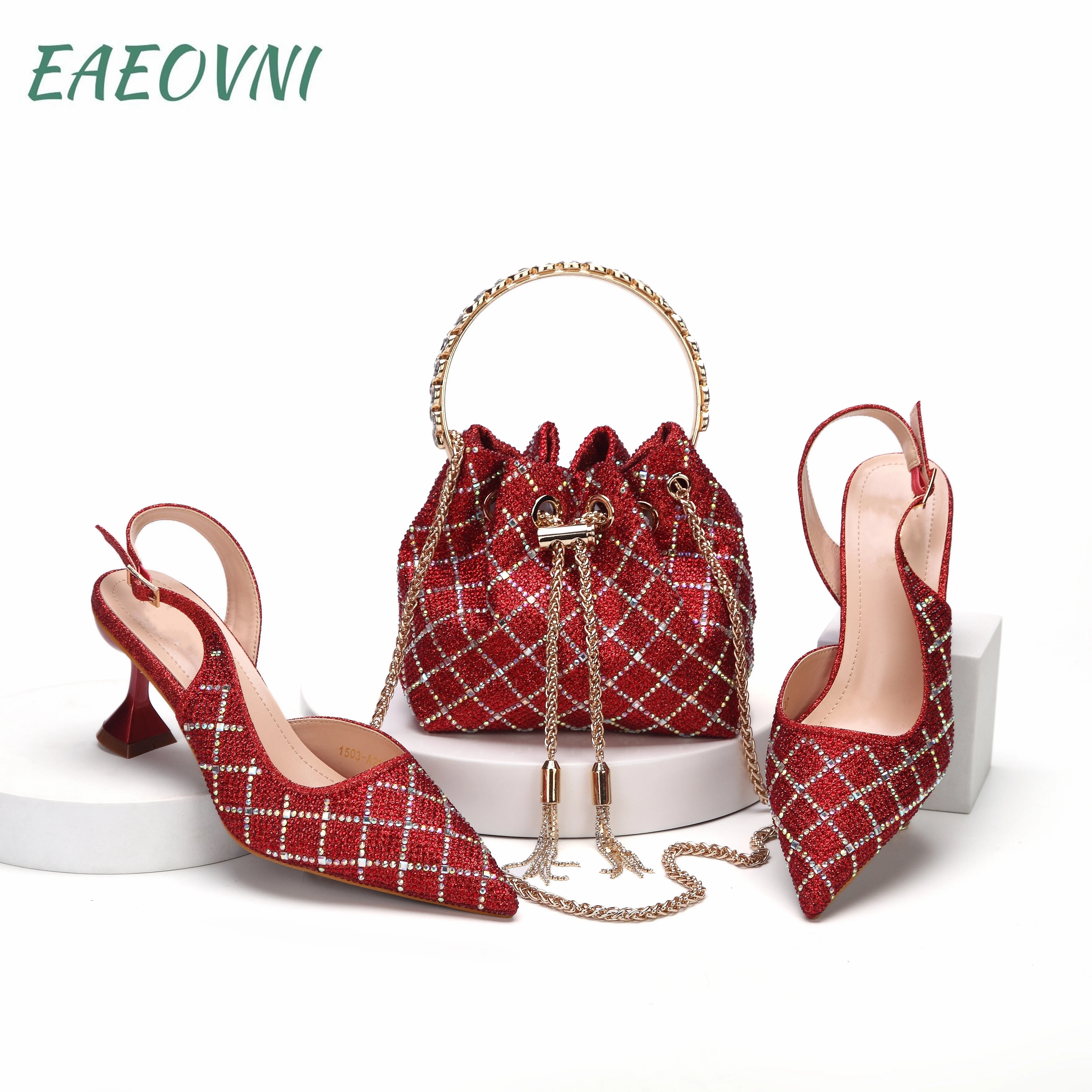 Красный итальянский дизайн, благородная трехмерная сумка двойного назначения и женские туфли на каблуке, блестящий материал для нигерийской свадьбы
