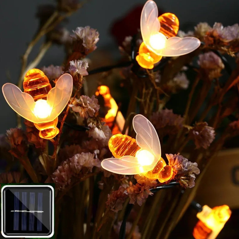 Гирлянды из медоносных пчел на солнечной батарее с 30 светодиодами, наружный водонепроницаемый декор для украшения сада и патио, теплый белый
