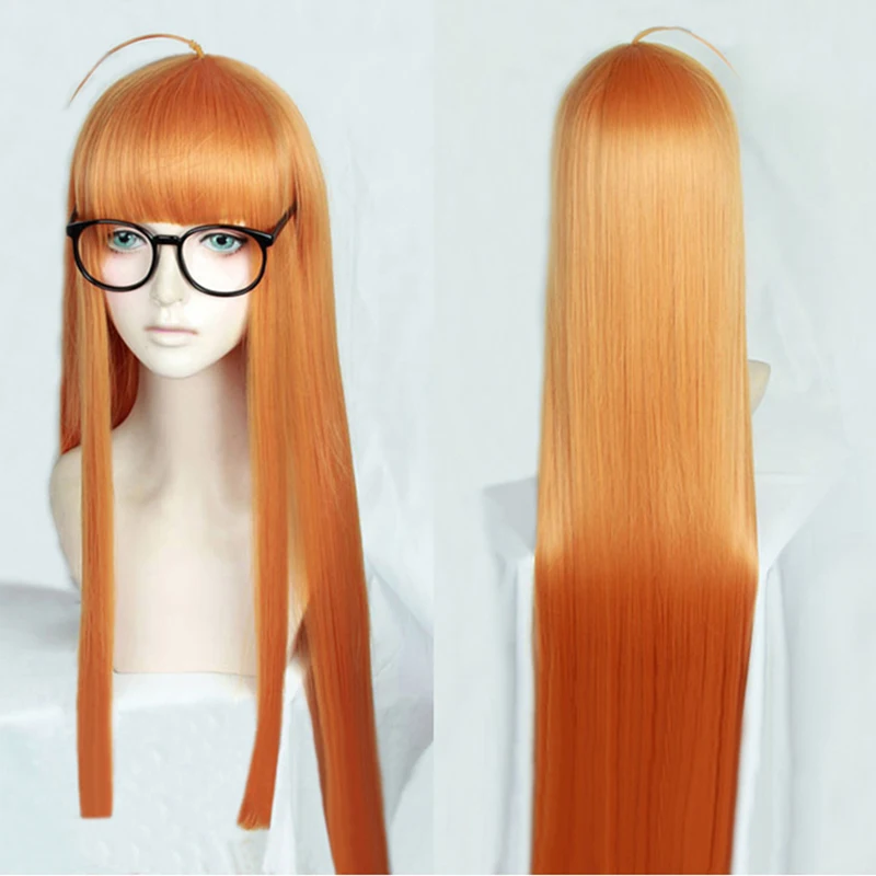 Persona 5 Futaba Sakura Косплей Парик Очки P5 Длиной 100 см Прямые Цитрусовые Оранжевые Термостойкие Парики для волос + шапочка для парика