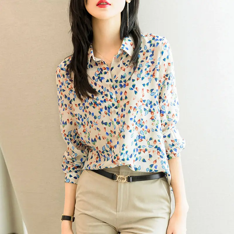 2023 Новый Свободный топ с цветочным принтом, женская рубашка с принтом в корейском стиле, повседневная универсальная рубашка с длинным рукавом, блузки для женщин