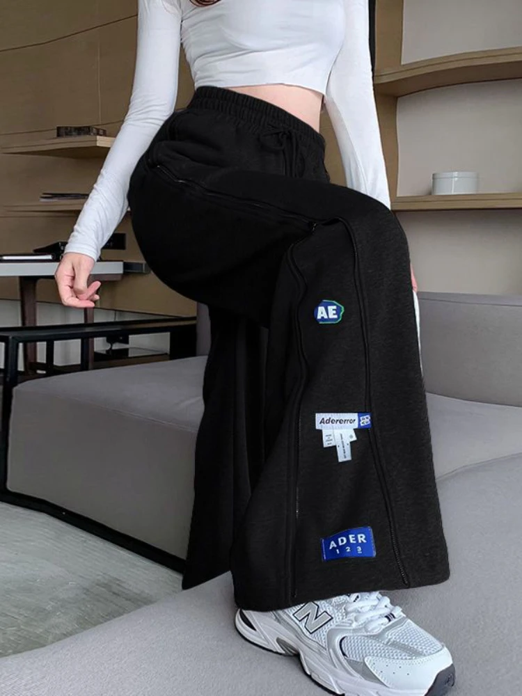 Черные спортивные брюки Deeptown в стиле хиппи Kpop с графическим рисунком, женская уличная одежда Harajuku, широкие спортивные брюки, Корейская мода, брюки оверсайз
